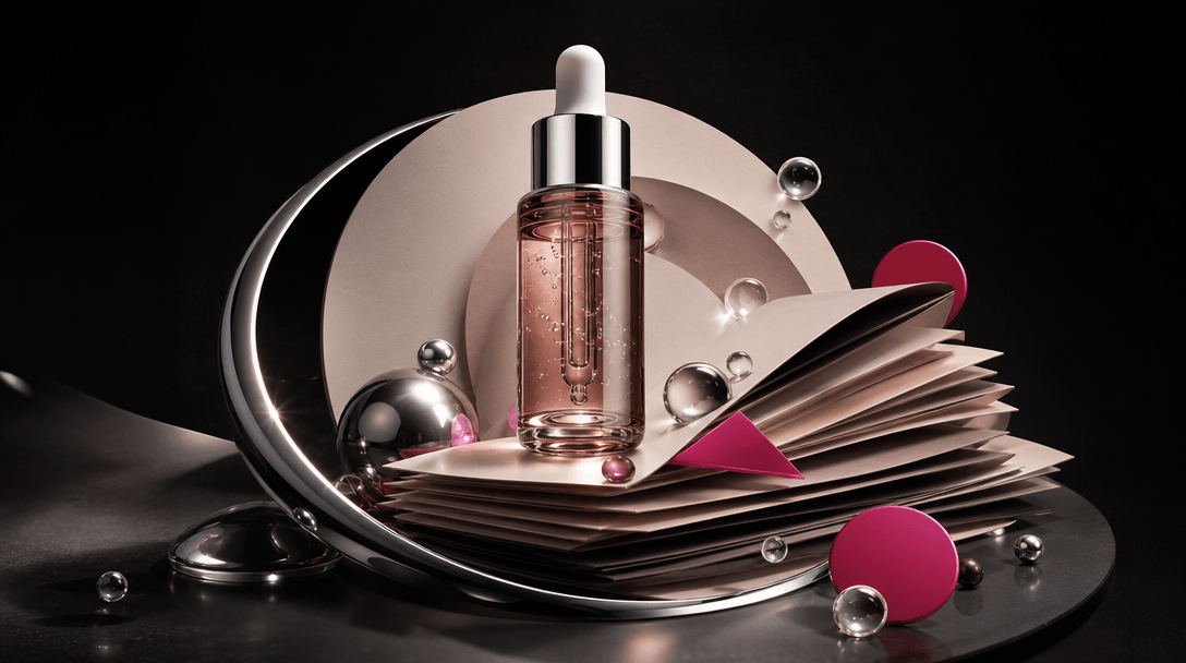 An abstract beauty still life visualizing immediate product benefits: a glass serum bottle surrounded by layered paper t
