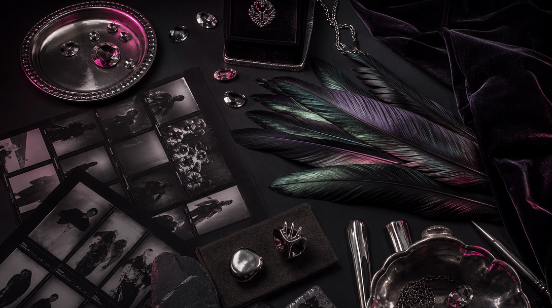 A coordinated arrangement of iridescent feathers, polished silver, faceted gemstones, velvet, and dark campaign contact