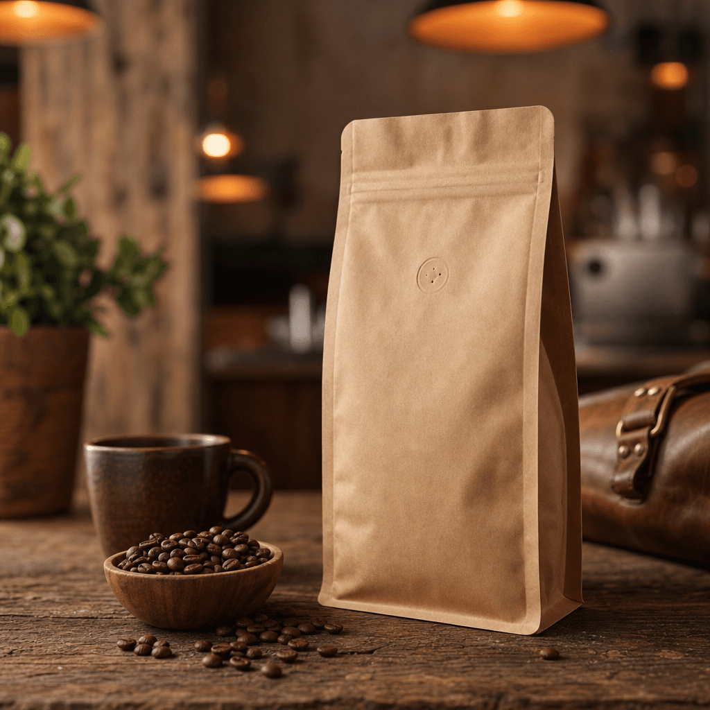 A premium kraft coffee bag product placed on a reclaimed wood surface, warm amber bokeh from soft café pendant lighting
