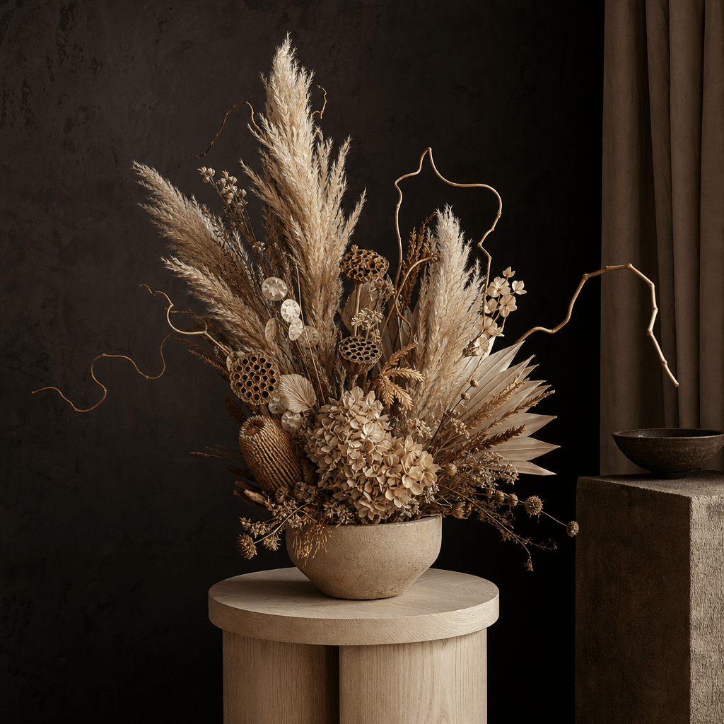 A restrained dried-flower arrangement with pampas grass, seed pods, beige hydrangea, and twisted branches displayed on a