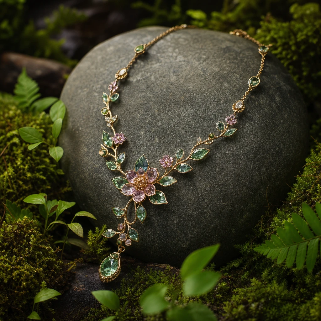 Luxury necklace draped on smooth stone surrounded by moss in forest, botanical jewelry photography, studio-quality light
