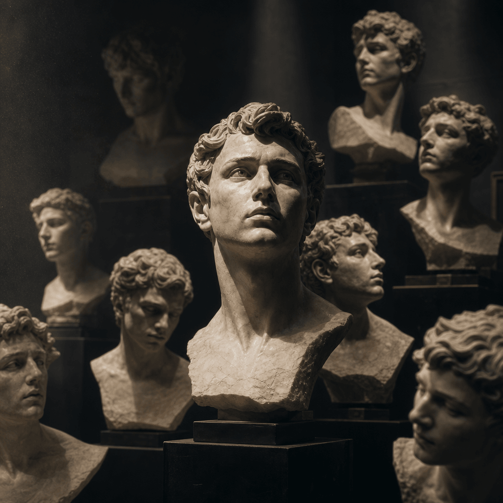 A close portrait of an anonymous creative professional represented by many marble busts arranged like an archival collec