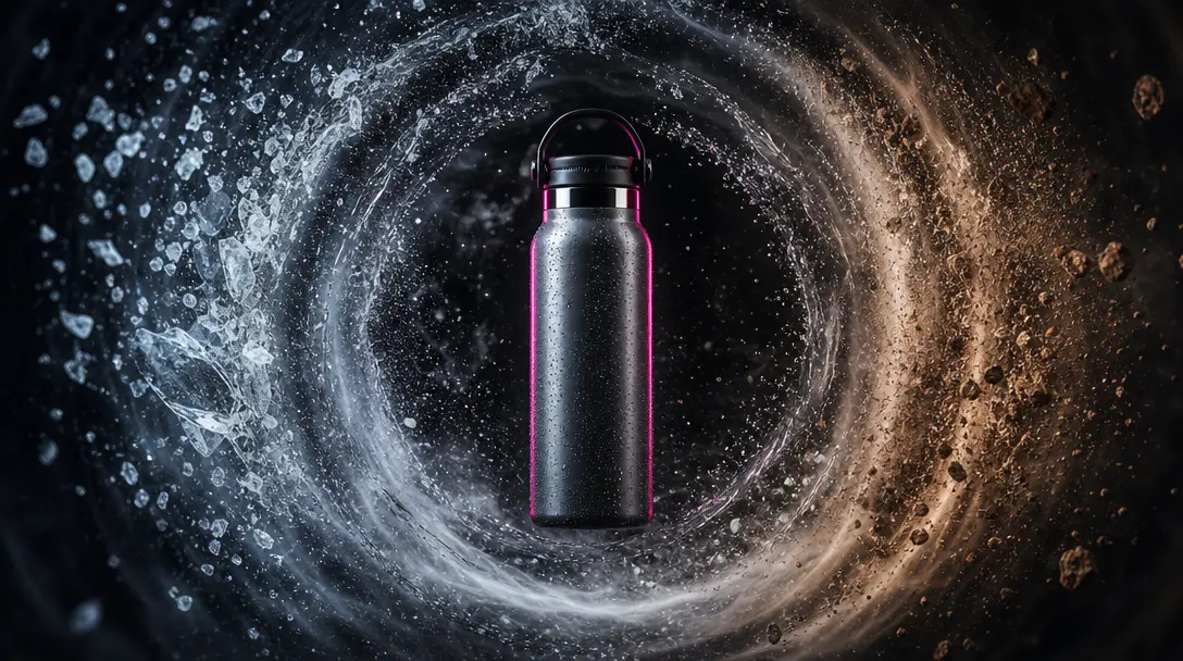 A hero sports bottle perfectly sharp at the center of concentric layers of wind, water spray, dust, and ice particles, e