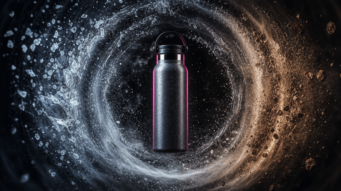 A hero sports bottle perfectly sharp at the center of concentric layers of wind, water spray, dust, and ice particles, e