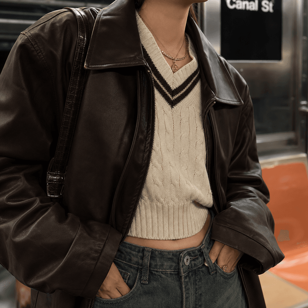 Stylish outfit close-up in subway setting with trendy aesthetic. Detail shot showing fabric and styling. Urban backgroun