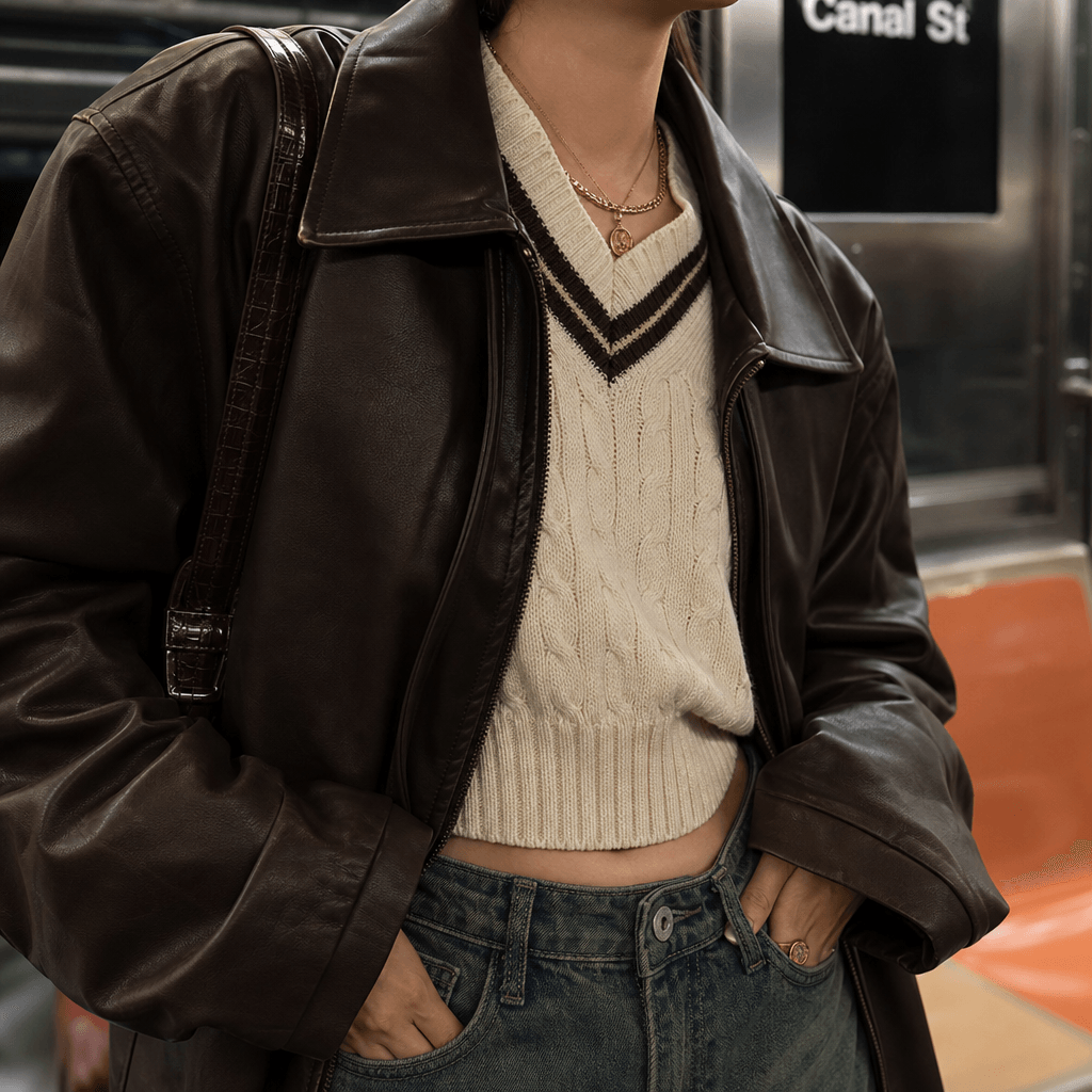 Stylish outfit close-up in subway setting with trendy aesthetic. Detail shot showing fabric and styling. Urban backgroun
