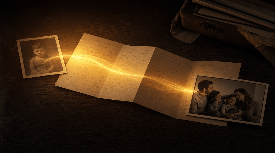 A handwritten letter unfolding across a dark wooden surface as warm light travels from an old childhood photograph towar