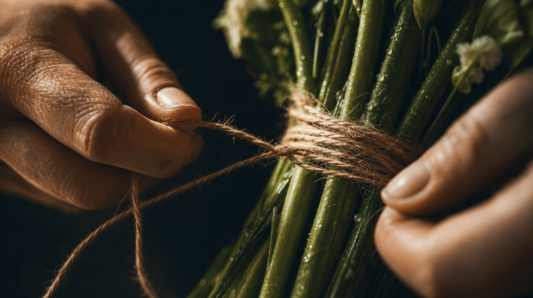 Macro cinematic scene of hands binding green flower stems with natural twine, tiny water droplets and plant fibers rende