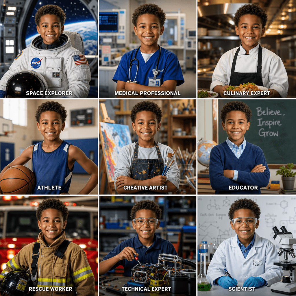 Profession grid featuring child in diverse career depictions: space explorer, medical professional, culinary expert, ath