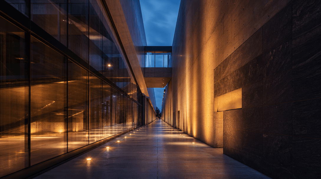 Long-exposure architectural corridor at dusk — multiple material planes in glass, poured concrete, and dark stone catchi