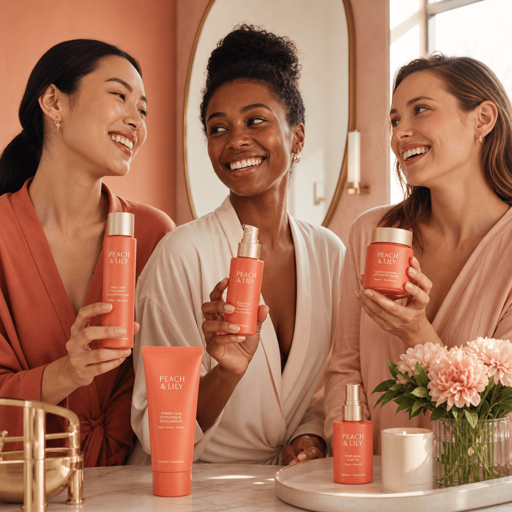 Three adult women at a sunlit modern vanity, each holding a coordinated skincare bottle while sharing a relaxed, candid