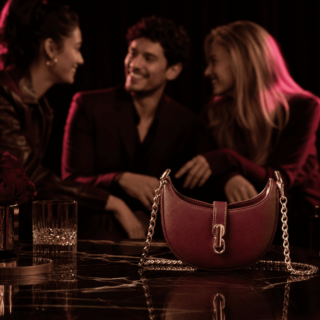 A fashion accessory displayed in the foreground while a small group of friends shares an upbeat, reassuring conversation