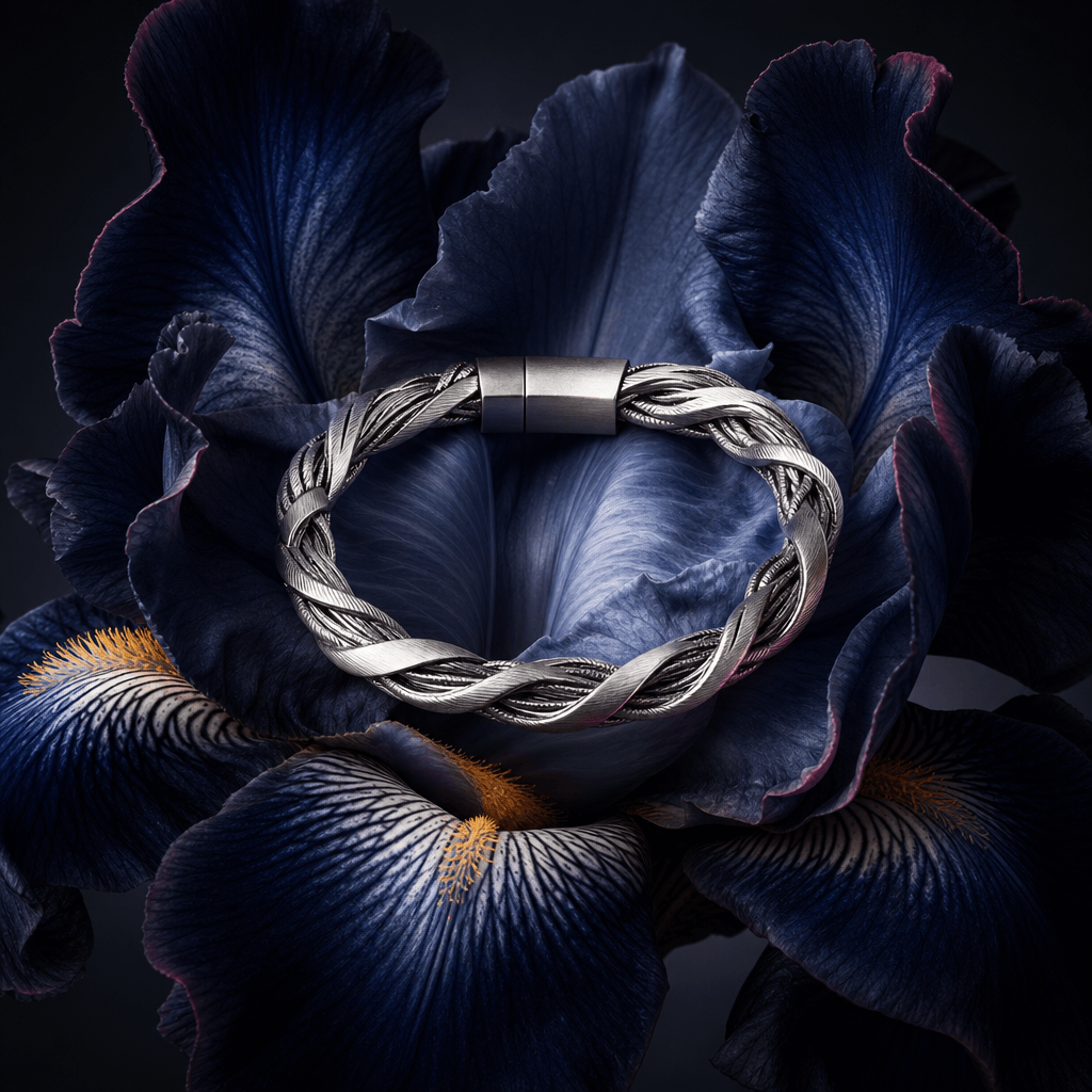 A silver bracelet arranged within a midnight-blue iris, the flower open like a sculptural stage, cool off-white key ligh