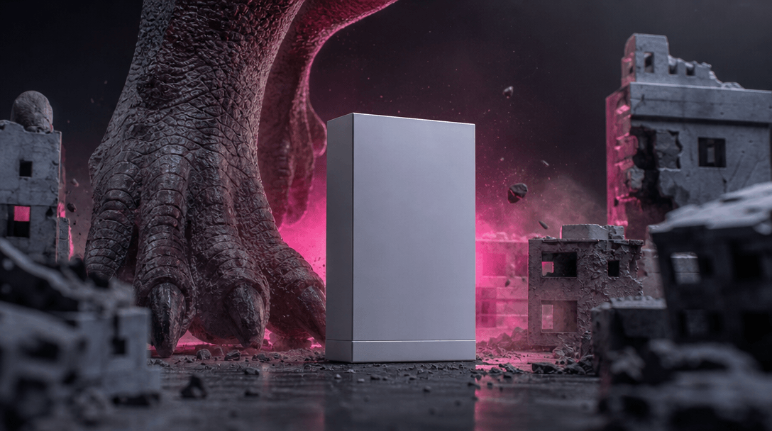 A practical-effects-inspired product set with miniature concrete buildings, scattered dust, directional spotlights, and
