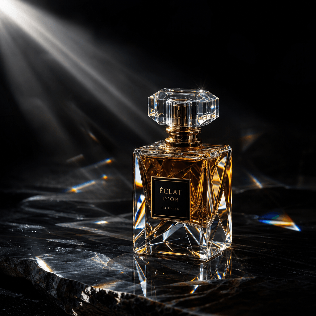 Cinematic close-up of a luxury perfume bottle on a dark reflective obsidian surface, dramatic single-source key light cr