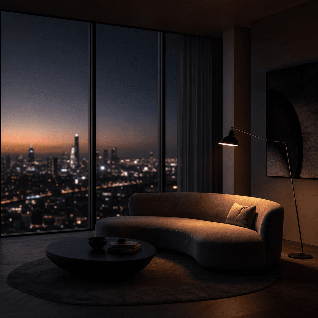 A minimalist living room with floor-to-ceiling windows overlooking a blurred city skyline at twilight. A singular readin