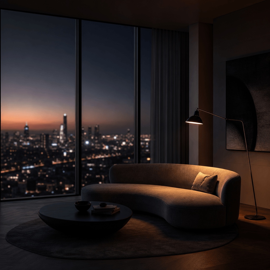 A minimalist living room with floor-to-ceiling windows overlooking a blurred city skyline at twilight. A singular readin