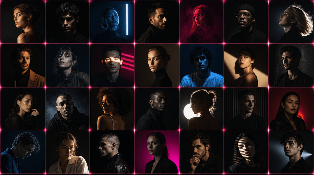 Abstract dark editorial mosaic of portrait photographs arranged in a tight grid, each panel illuminated by a distinct st