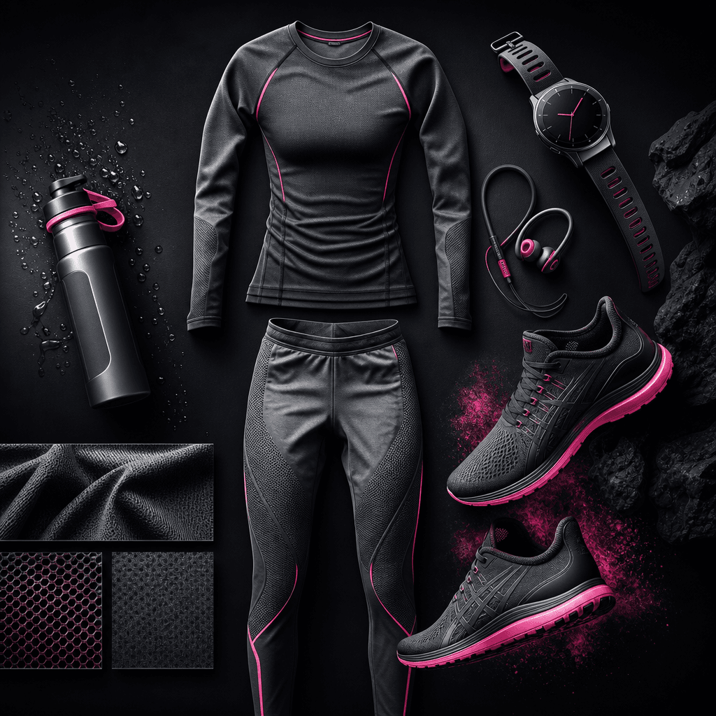 High-performance athletic fashion collage with a fitted graphite training set, running shoes, sports watch, compact head