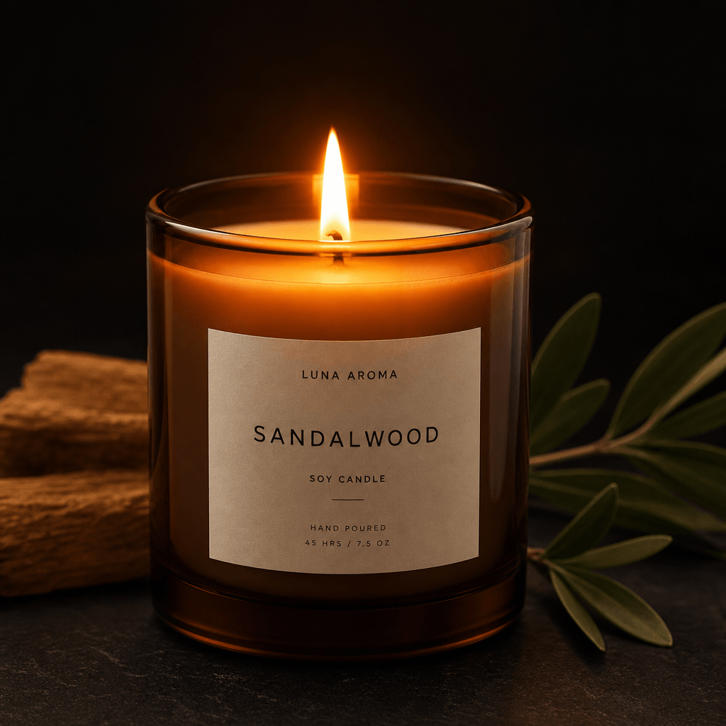 Candle product shot with hand-lit glow effect, warm color temperature, professional lighting, clean minimalist dark back
