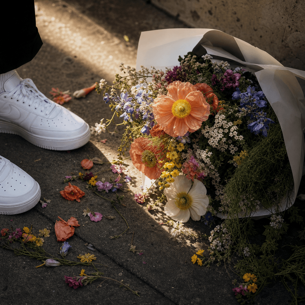 Bright wildflowers scattered around a wrapped bouquet on sun-warmed urban pavement, with minimalist white sneakers enter