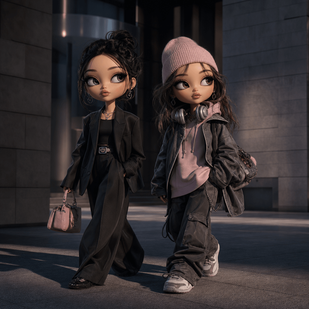 Two coordinated big-head fashion characters walking through a clean urban plaza, one in monochrome tailoring and one in