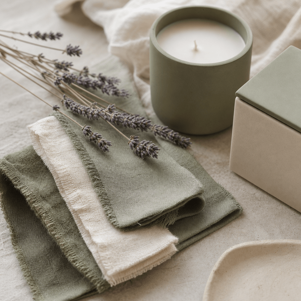 Lifestyle brand aesthetic in sage green and soft ivory. Linen fabric swatches, dried lavender sprigs, and minimalist can