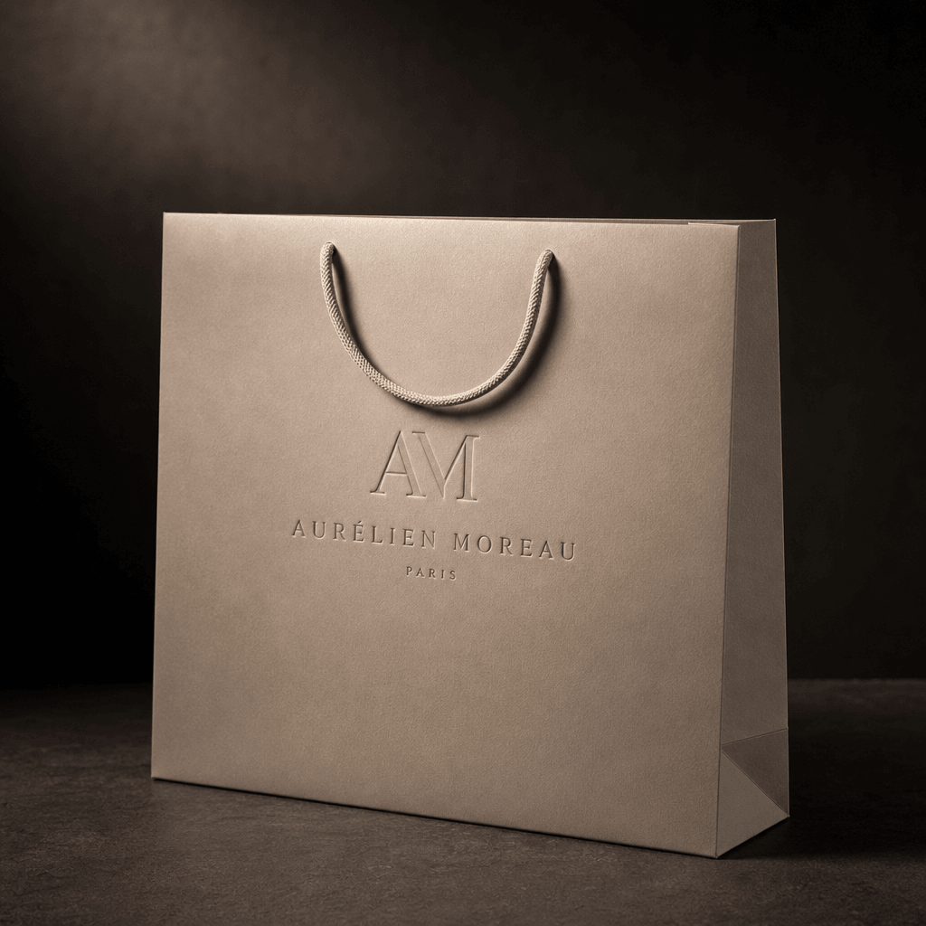Premium paper shopping bag with logo embossing detail, professional retail lighting, dark background, material quality e