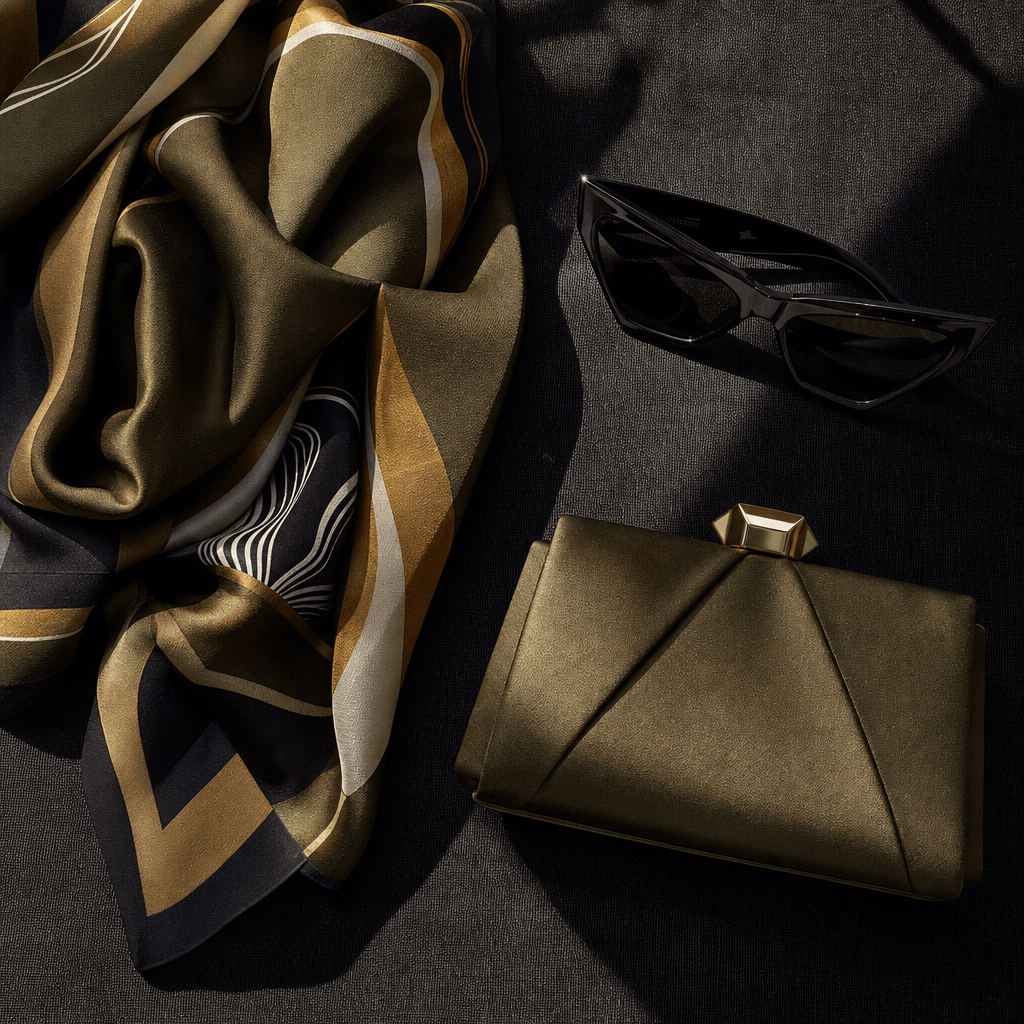 Fashion accessories editorial flat-lay: a silk scarf, angular sunglasses, and a small structured satin clutch arranged o
