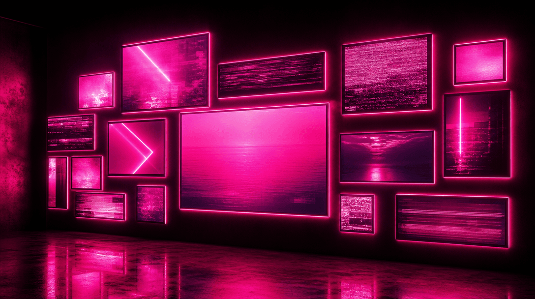 Abstract pink neon TV wall environment visualization. Glowing screen frames in vibrant pink and magenta. Dark minimalist