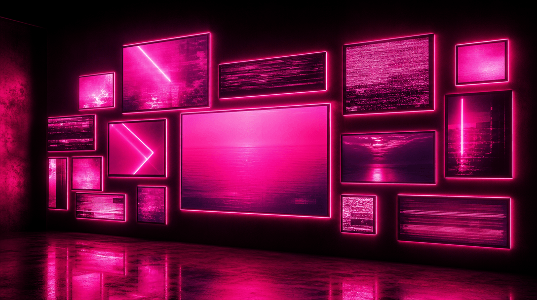 Abstract pink neon TV wall environment visualization. Glowing screen frames in vibrant pink and magenta. Dark minimalist
