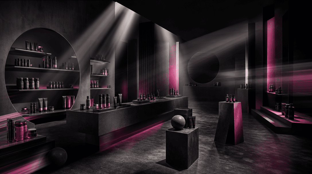 Several beams of light sweep across an architectural beauty-store set, revealing alternative product placements on shelv