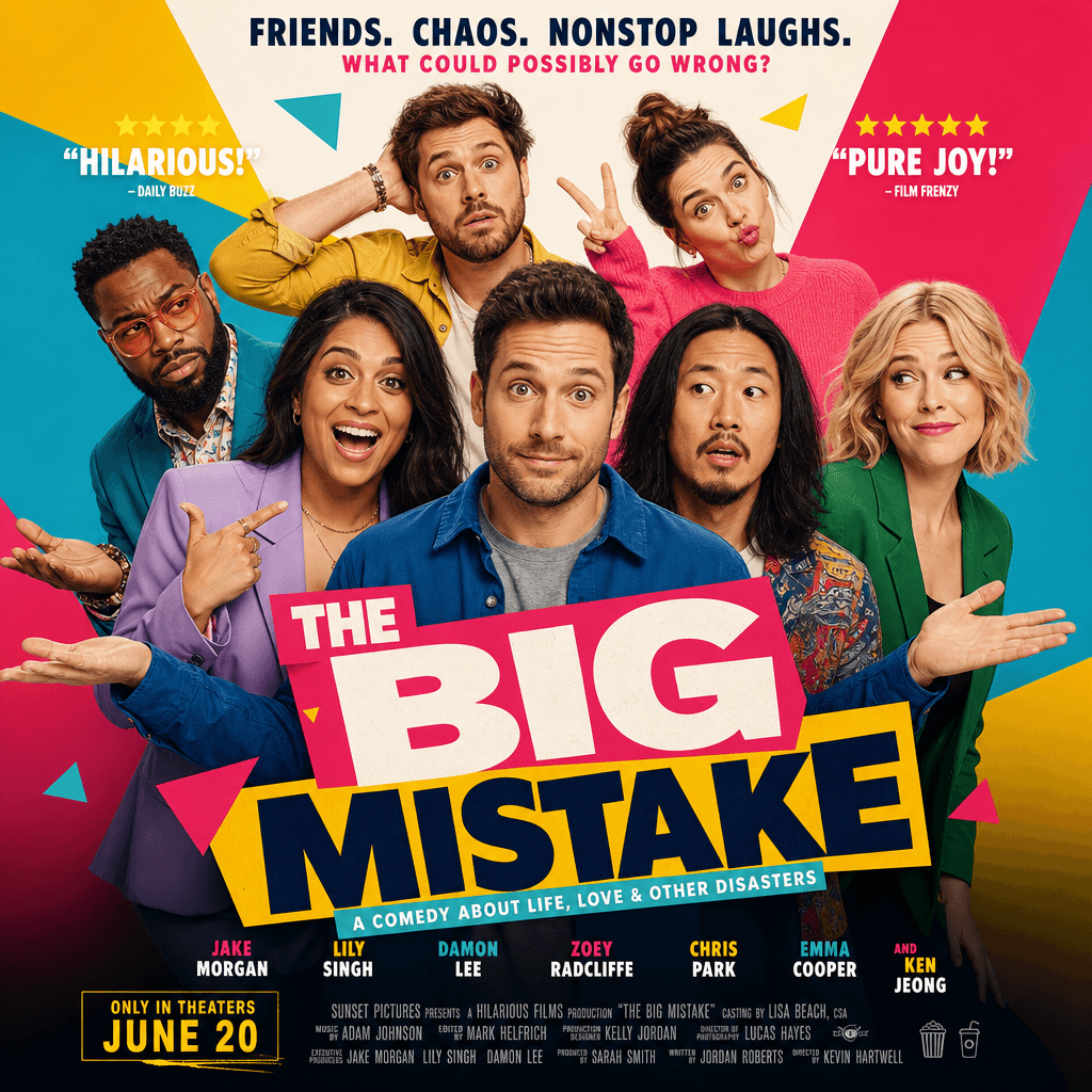 Comedy movie poster featuring a group of people in ensemble composition. Bold geometric shapes, playful expressions, col