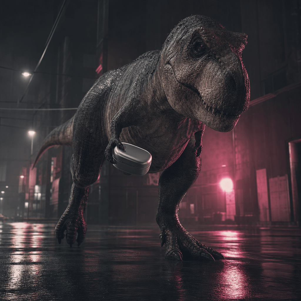 A massive tyrannosaurus carrying a compact silver headphone case through a rain-soaked city street at night, wet asphalt