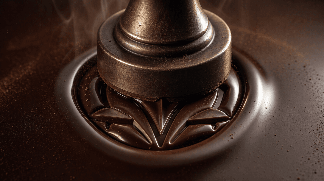 Extreme close-up of an abstract logo being pressed into glossy tempered dark chocolate, capturing the exact moment the s