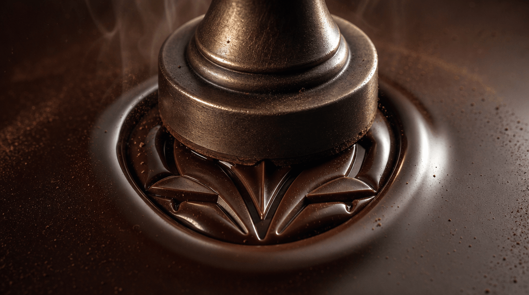 Extreme close-up of an abstract logo being pressed into glossy tempered dark chocolate, capturing the exact moment the s