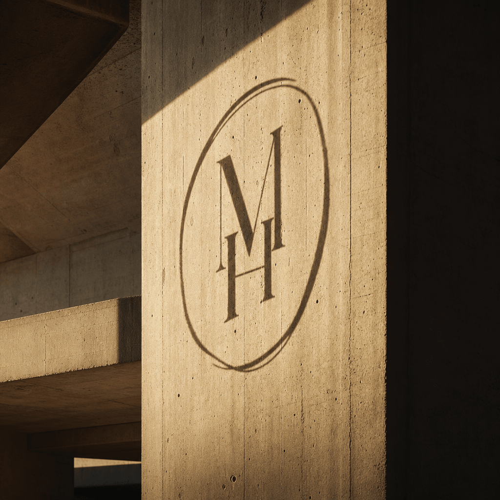 Hand-drawn brand monogram projected onto rough concrete brutalist building wall in warm golden light. Dramatic shadows,