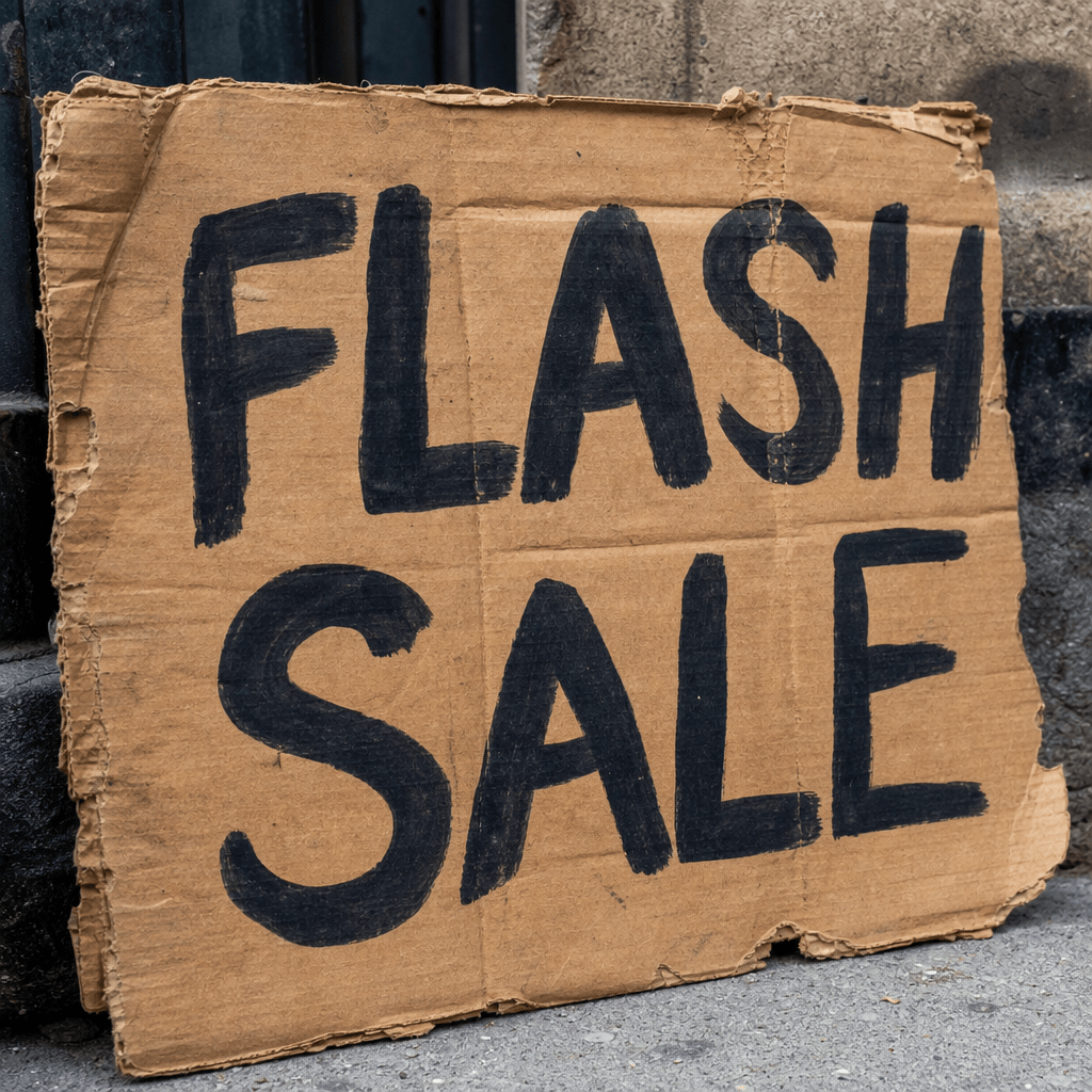 Cardboard sign 'FLASH SALE', bold black letters, crumpled weathered brown cardboard, authentic street aesthetic, profess