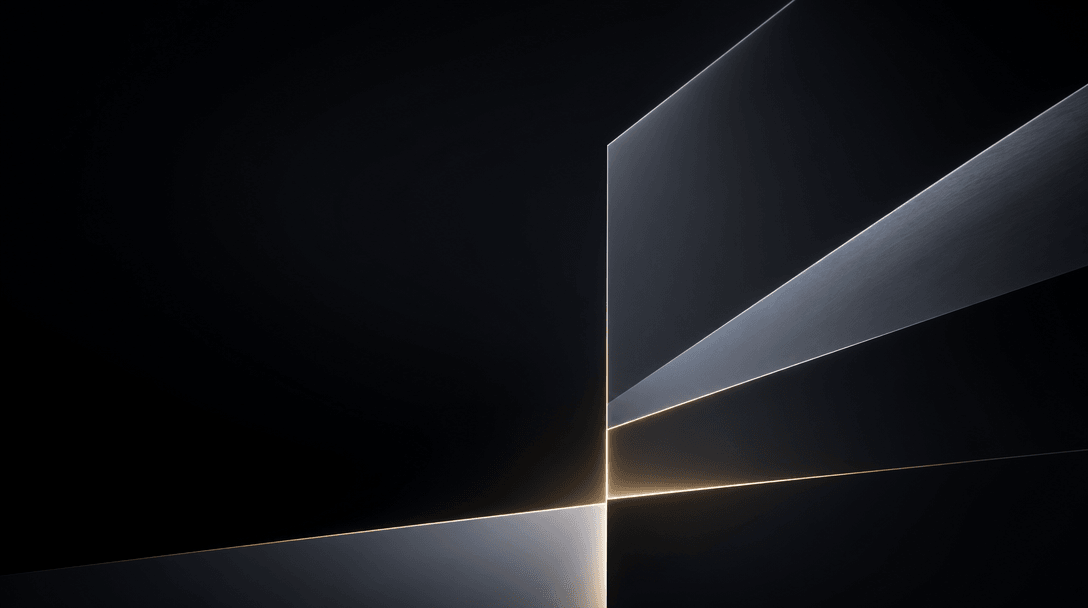 Abstract light geometry—clean lines and planes catching rim lighting in darkness. Minimalist corporate visual language,