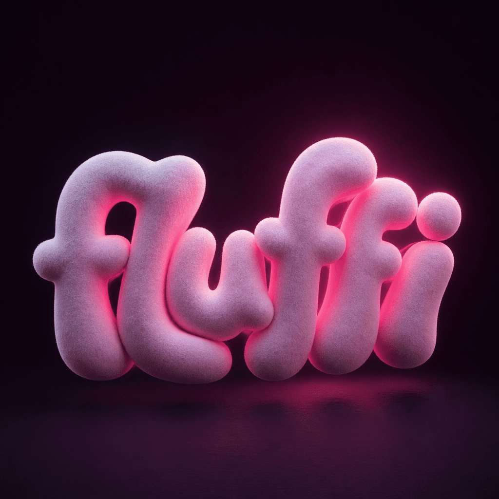Fluffy 3D brand name in playful, organic shapes with pink-magenta glow accents. Soft material appearance, dynamic lighti