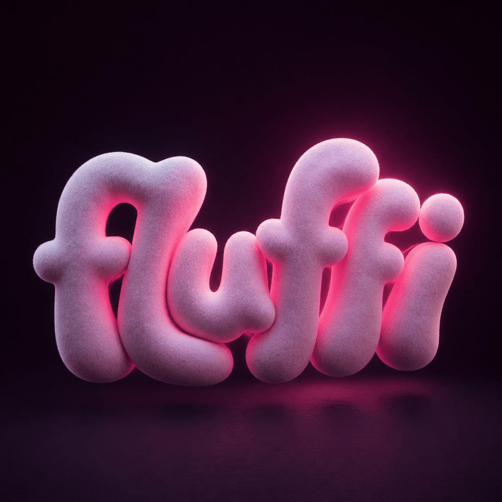 Fluffy 3D brand name in playful, organic shapes with pink-magenta glow accents. Soft material appearance, dynamic lighti