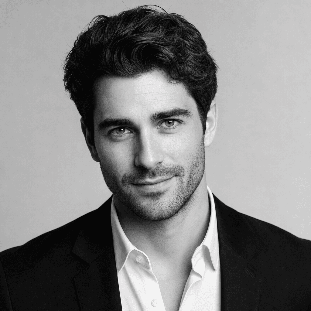 Classic monochrome headshot, studio lighting, neutral background, professional headshot style, black-and-white portrait