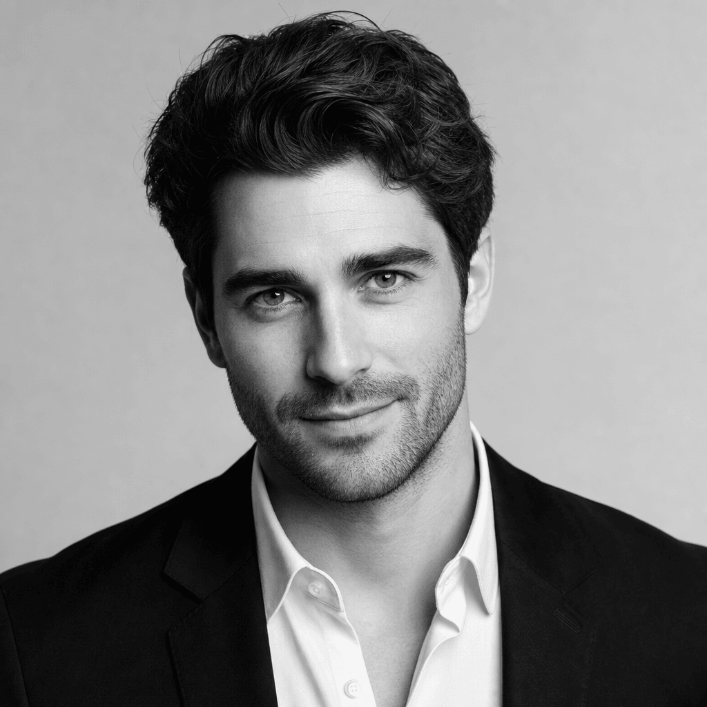 Classic monochrome headshot, studio lighting, neutral background, professional headshot style, black-and-white portrait