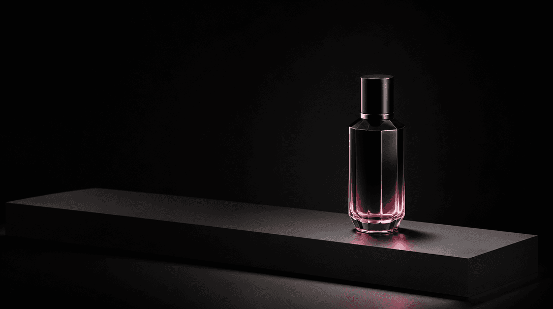 A single elegant beauty bottle isolated on a long matte-black platform, surrounded by generous negative space, dark edit