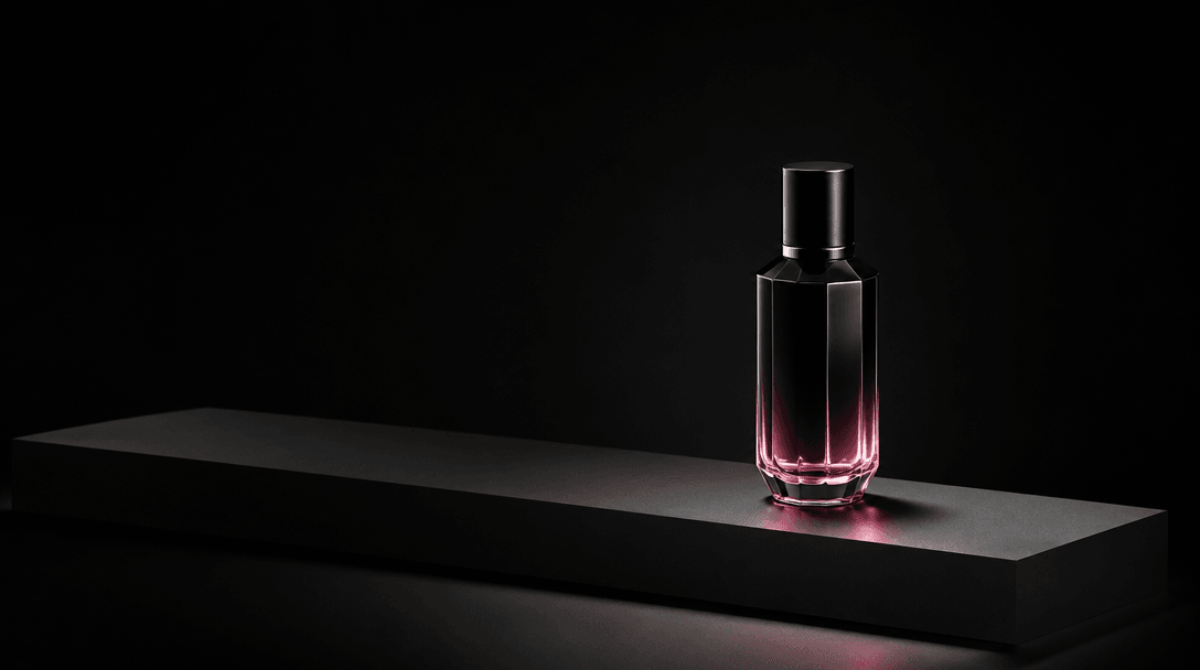 A single elegant beauty bottle isolated on a long matte-black platform, surrounded by generous negative space, dark edit