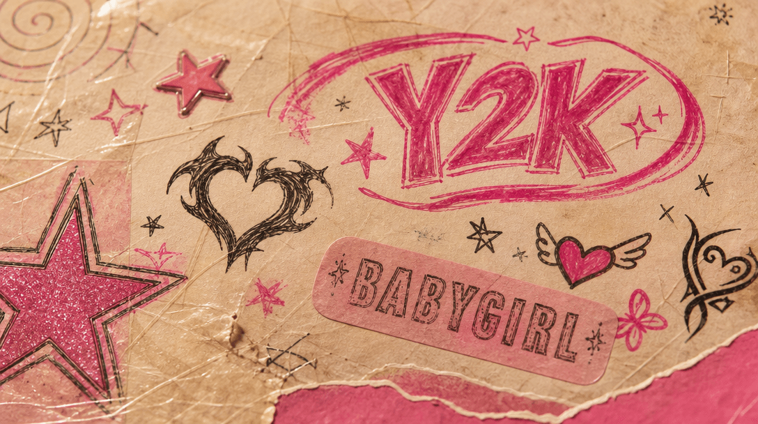 Close-up texture of vintage pastel paper with hand-drawn Y2K design elements, hot pink accents, warm studio lighting, ma
