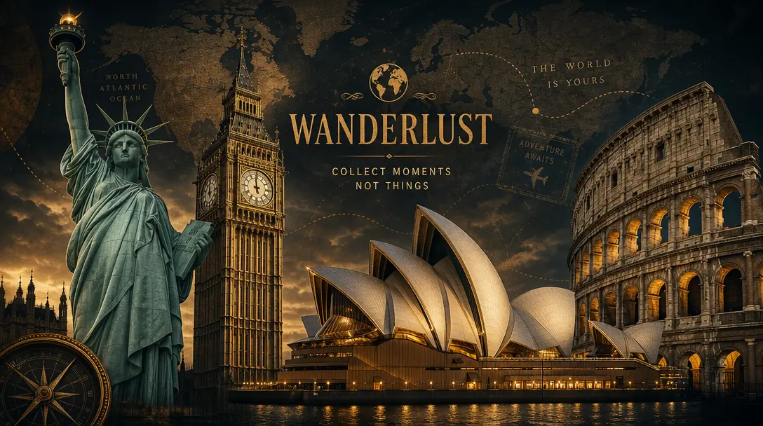 Atmospheric global landmarks montage: Statue of Liberty, Big Ben, Sydney Opera House, Colosseum rendered in cinematic li