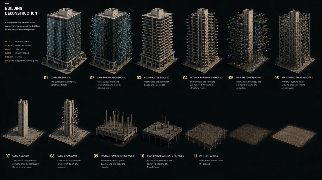 Full building deconstruction sequence, layers peeling away, smooth physics-based animation, dark professional background
