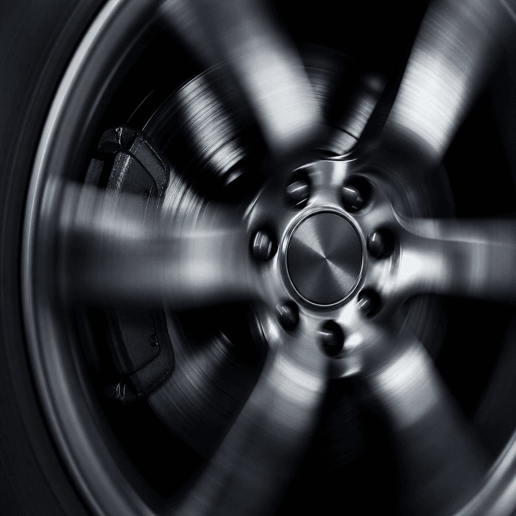 Extreme close-up of a polished forged-alloy wheel in motion, speed blur radiating outward from the center hub, deep dark