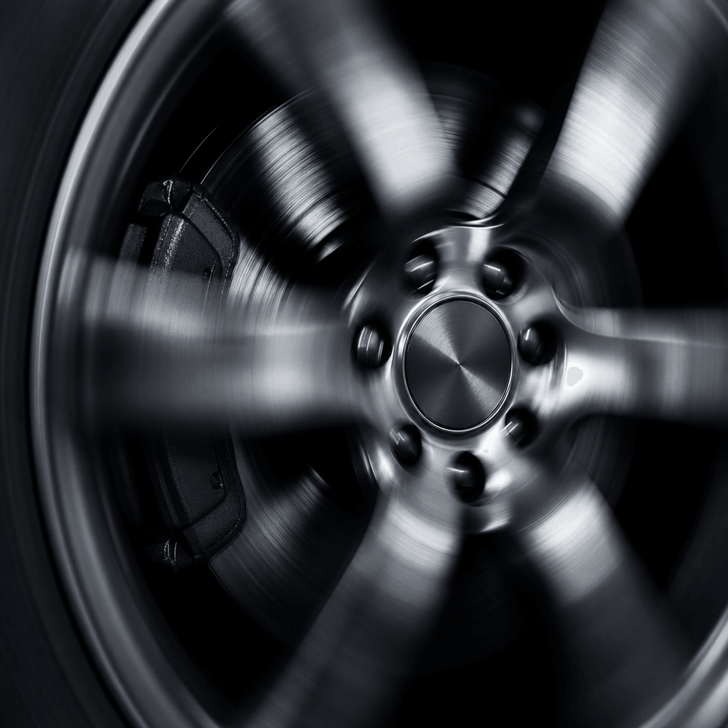 Extreme close-up of a polished forged-alloy wheel in motion, speed blur radiating outward from the center hub, deep dark